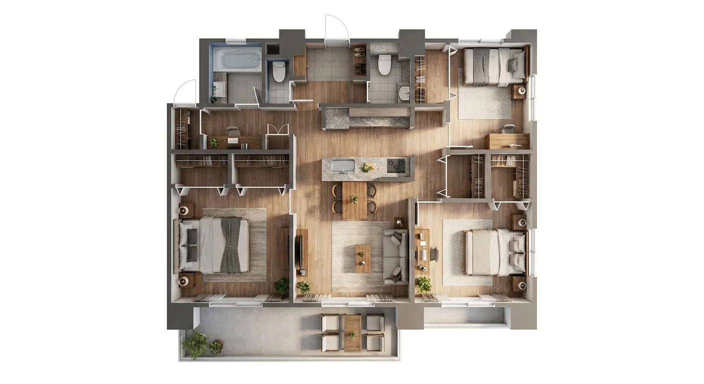 A bird's-eye render showing the whole plan in a single image