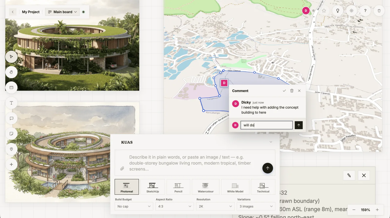 References, plans, concepts and notes side by side on one canvas